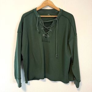 Aerie Sunday Lace Up Raw Edge Green Sweatshirt Size Large